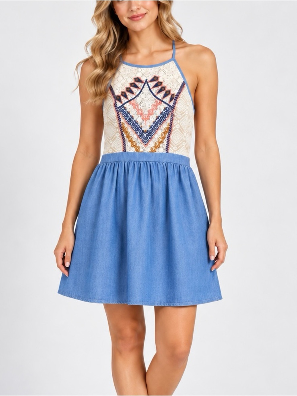 Flying Tomato Embroidered Chambray Mini Dress Size Medium Boho Open Back